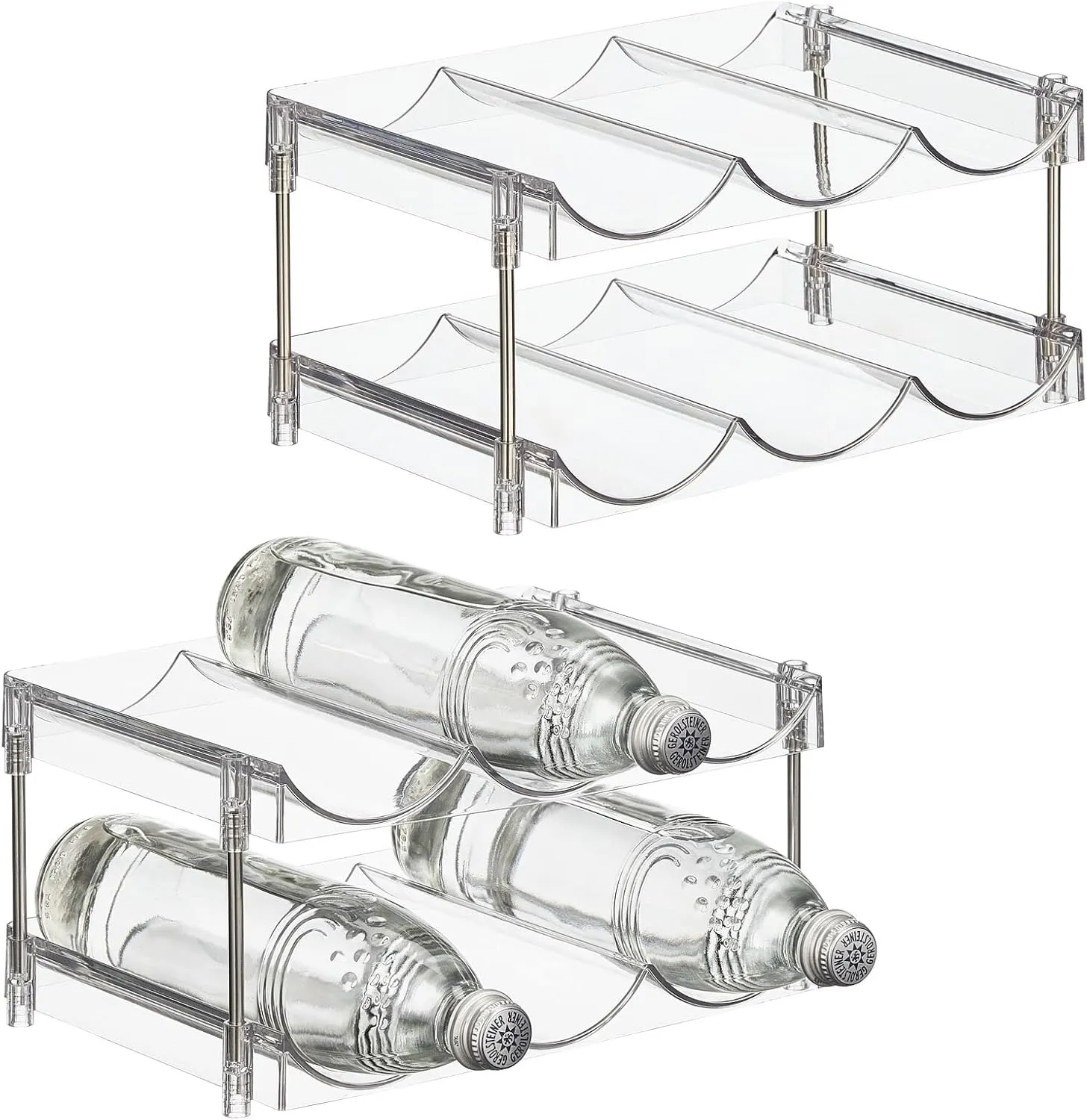 Nate Home by Nate Berkus 6-Bottle Water and Wine Bottle Organizer | Free Standing Plastic Holder for Fridge, Kitchen, Cabinet, Pantry Storage from mDesign - Set of 2, Clear/Stainless Steel