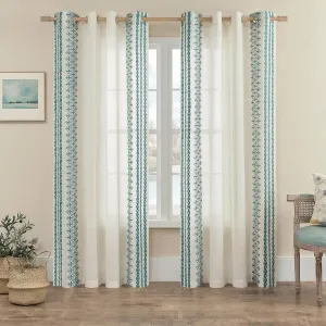 Natural Linen Curtains 72 Inches Long 2 Panels set for Living Room Bedroom Grommet Vintage Flax Drapes Embroidery Retro Window Curtains Bohemian Country Rustic Decor, 52x72 Inch Length, Teal Blue