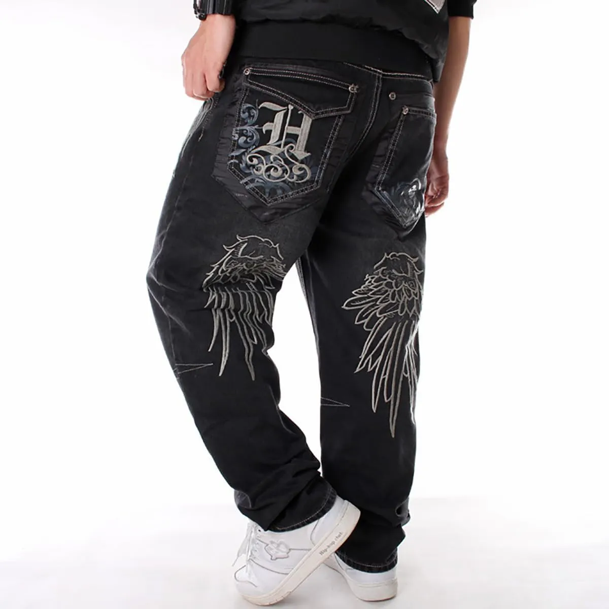 NCDUANSAN Gothic Men's Denim Pants Street Trend Loose Hiphop Street Dance Graffiti Print Casual Straight Tube Wide Leg Wash