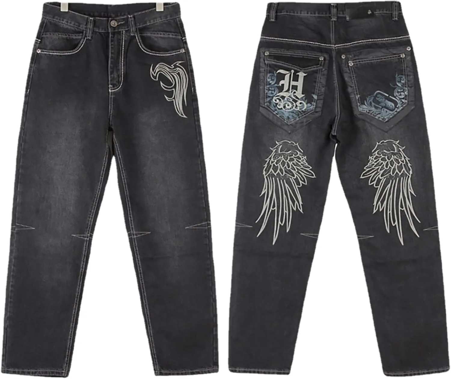 NCDUANSAN Gothic Men's Denim Pants Street Trend Loose Hiphop Street Dance Graffiti Print Casual Straight Tube Wide Leg Wash