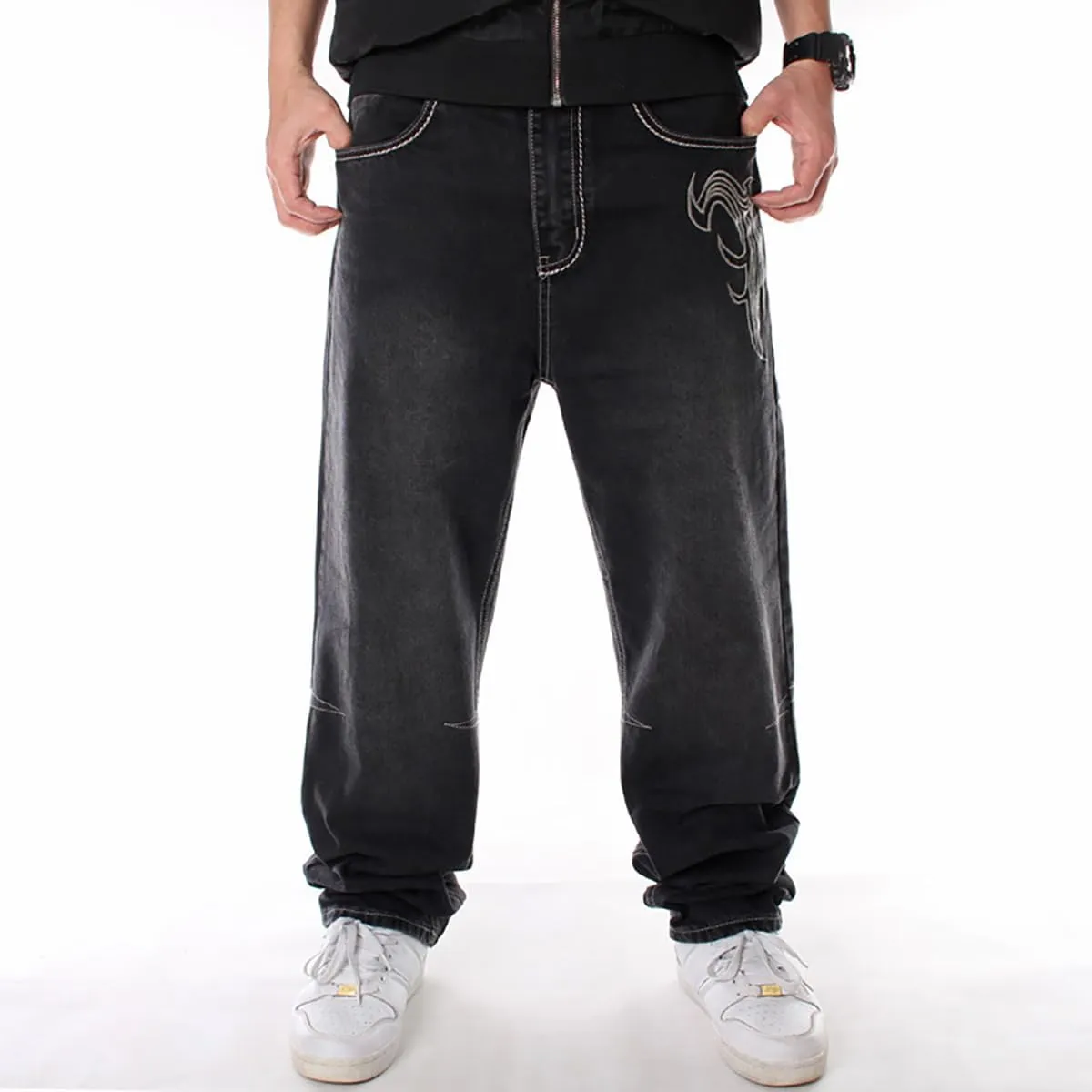 NCDUANSAN Gothic Men's Denim Pants Street Trend Loose Hiphop Street Dance Graffiti Print Casual Straight Tube Wide Leg Wash