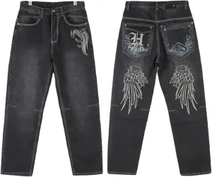 NCDUANSAN Gothic Men's Denim Pants Street Trend Loose Hiphop Street Dance Graffiti Print Casual Straight Tube Wide Leg Wash