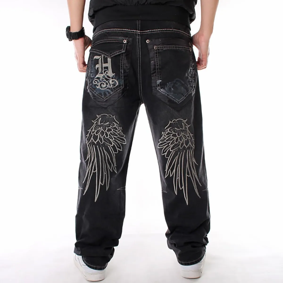 NCDUANSAN Gothic Men's Denim Pants Street Trend Loose Hiphop Street Dance Graffiti Print Casual Straight Tube Wide Leg Wash