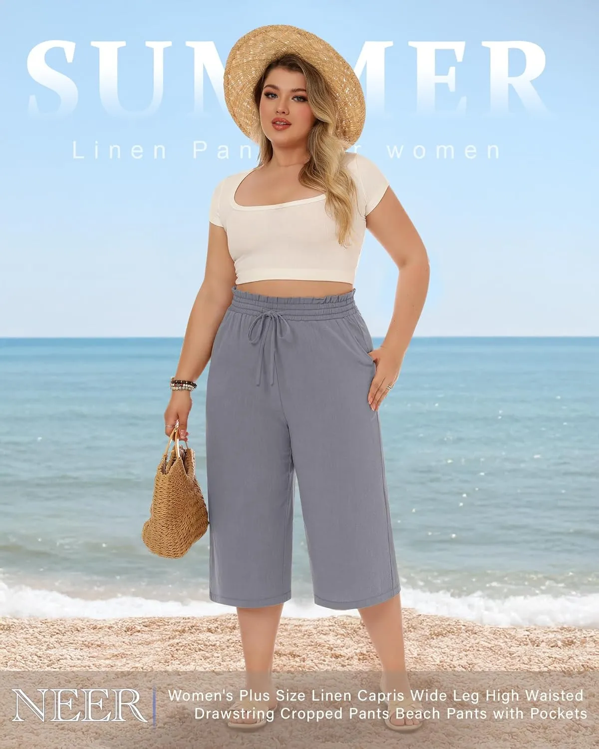 Neer 2 Pack Women's Plus Size Linen Capris Wide Leg High Waisted Drawstring Cropped Pants Beach Pants with Pockets