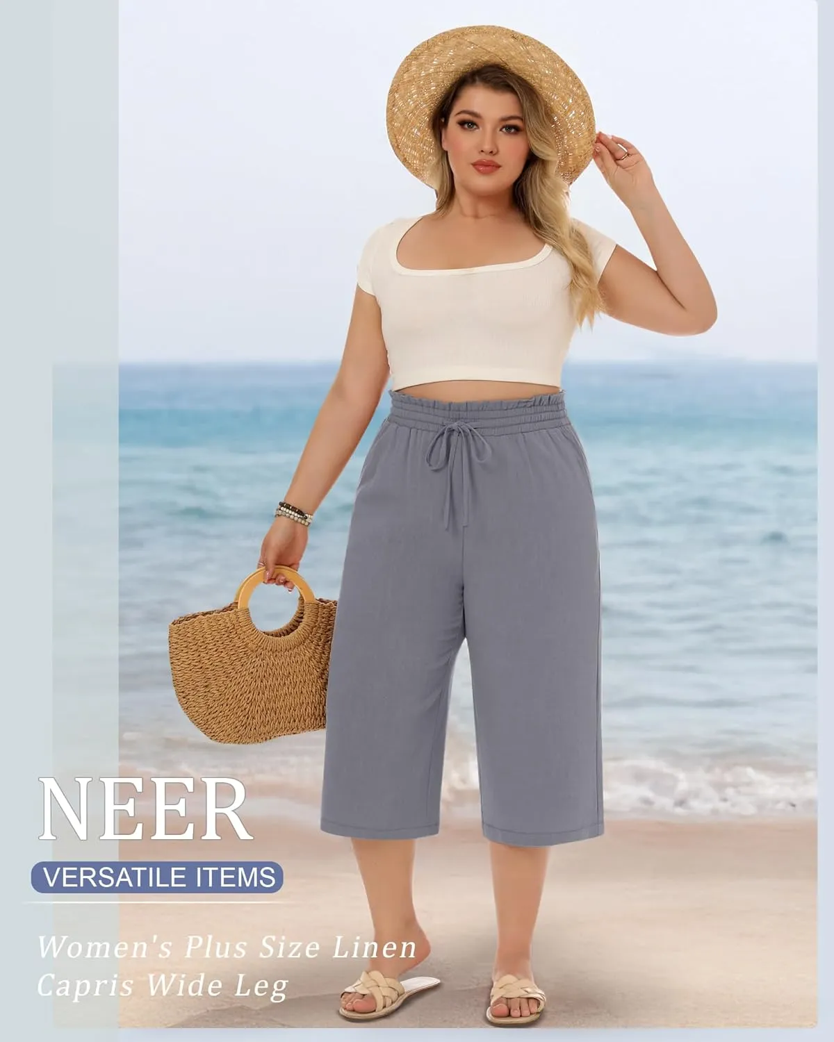 Neer 2 Pack Women's Plus Size Linen Capris Wide Leg High Waisted Drawstring Cropped Pants Beach Pants with Pockets