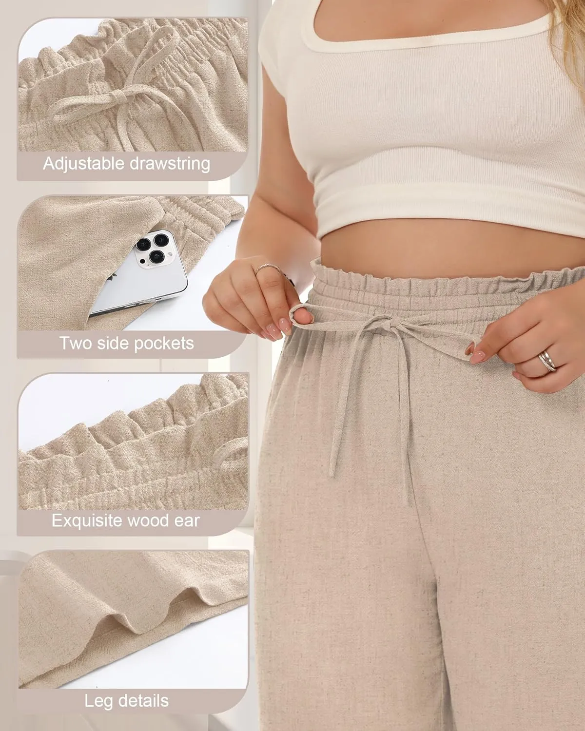 Neer 2 Pack Women's Plus Size Linen Capris Wide Leg High Waisted Drawstring Cropped Pants Beach Pants with Pockets