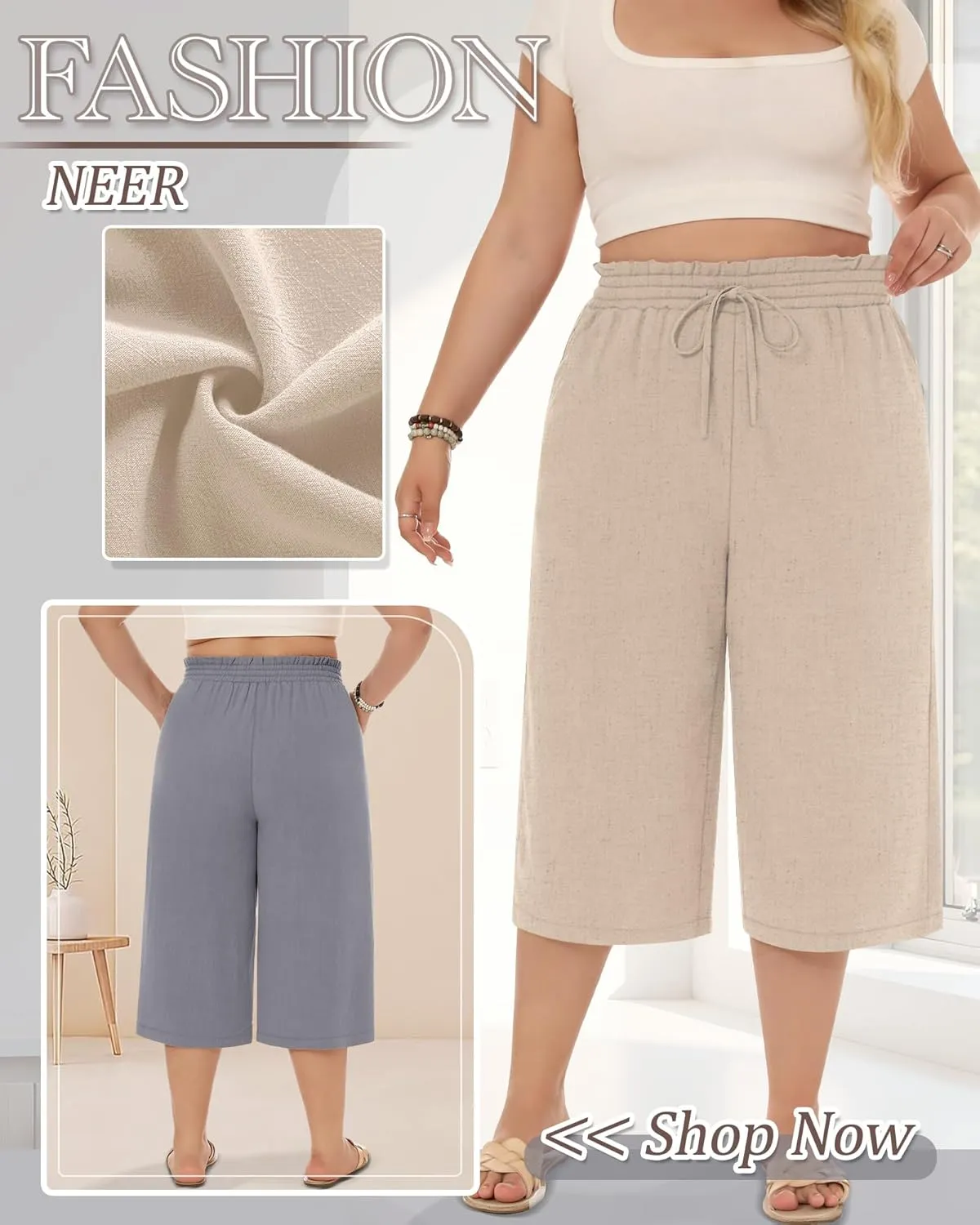 Neer 2 Pack Women's Plus Size Linen Capris Wide Leg High Waisted Drawstring Cropped Pants Beach Pants with Pockets