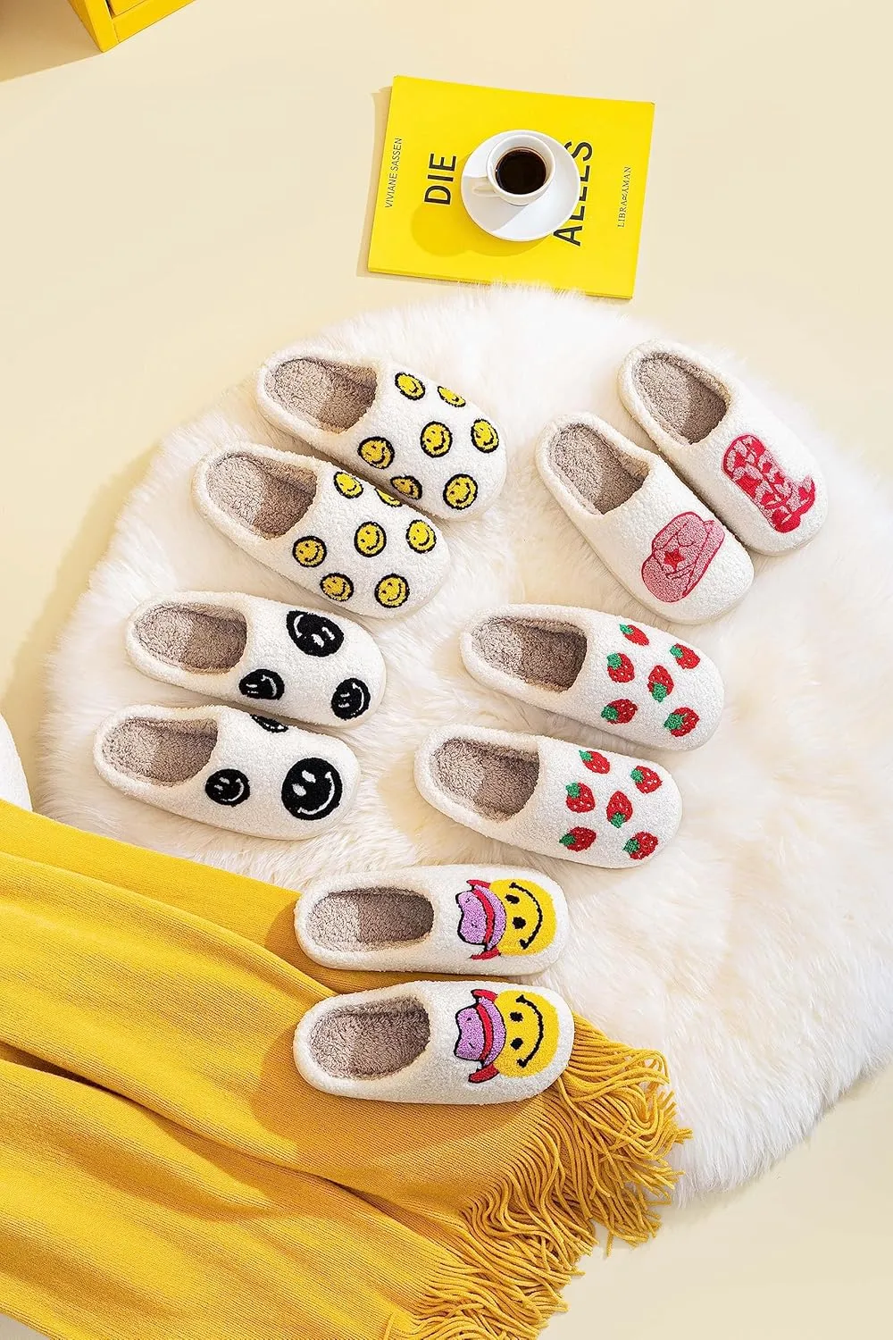 NEVEROLD Fun Cute Trendy Colorful Cartoon Illustrated Cozy Fluffy Plush Fur Slip On Cushion House Slippers for Women, Men, Girls, and Boys