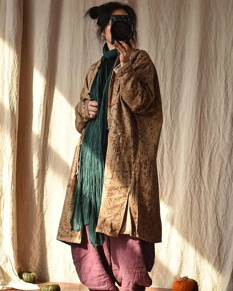 NFYM Women Cotton Linen Loose Windbreaker Button Down Vintage Print Retro Long Coat with Pockets