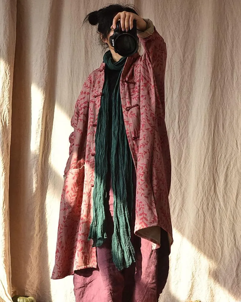 NFYM Women Cotton Linen Loose Windbreaker Button Down Vintage Print Retro Long Coat with Pockets