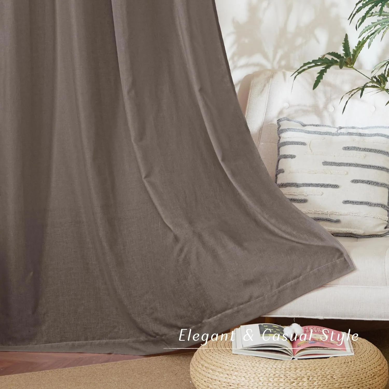 NICETOWN Linen Brown Curtains 84 inch Long, Grommet Privacy Added Thick Flax Window Treatments with Light Filtering Drapes for Bedroom/Farmhouse, W55 x L84, 2 Panels