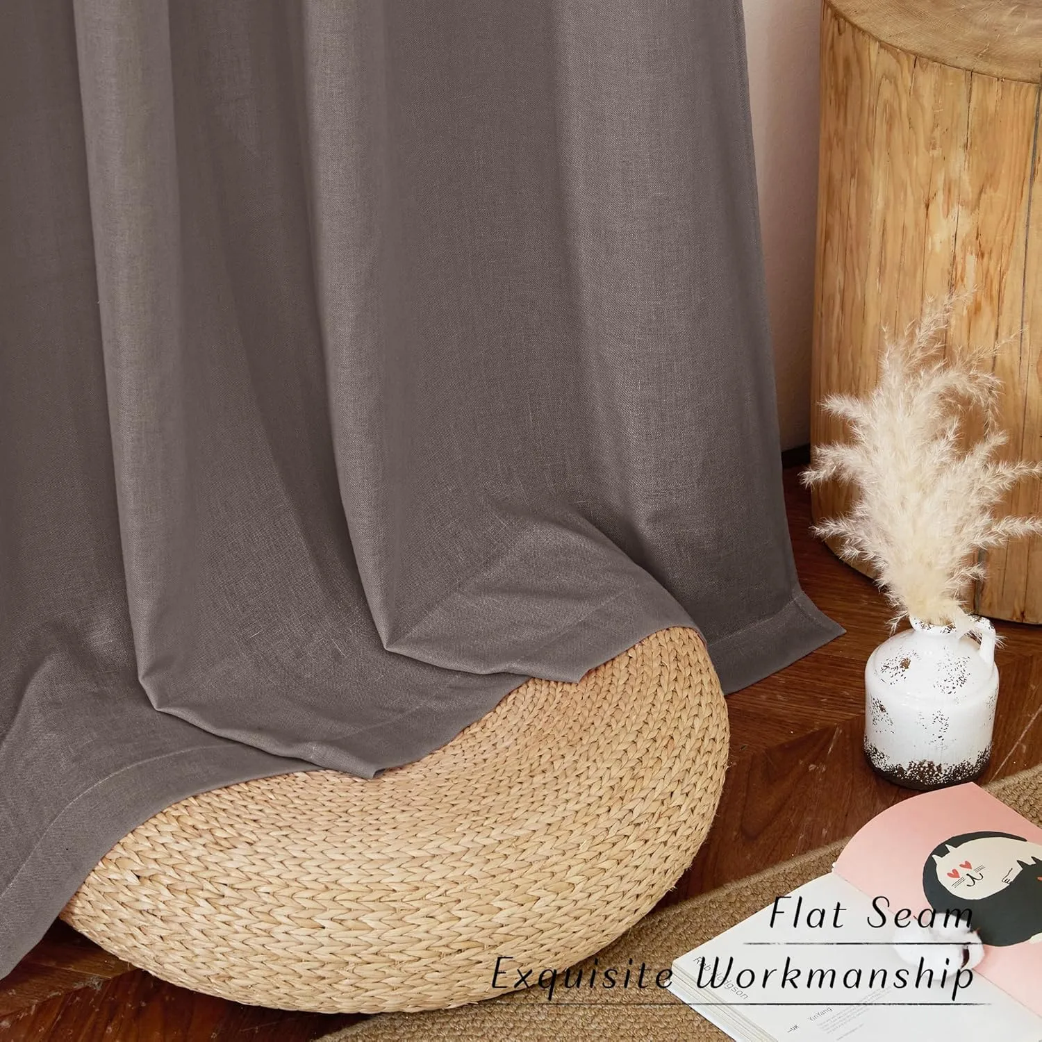 NICETOWN Linen Brown Curtains 84 inch Long, Grommet Privacy Added Thick Flax Window Treatments with Light Filtering Drapes for Bedroom/Farmhouse, W55 x L84, 2 Panels
