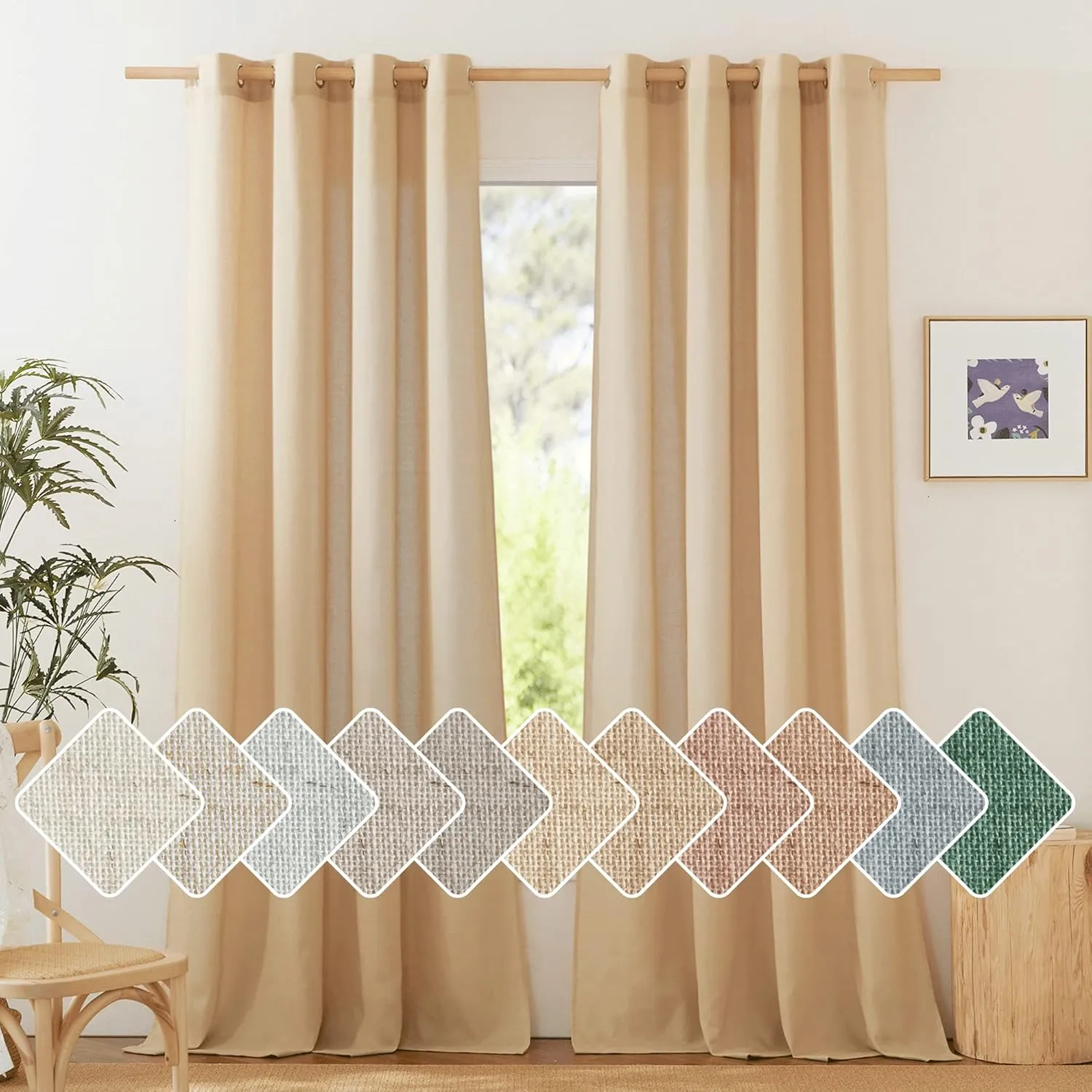 NICETOWN Living Room Curtains 84 inch Long Linen Blend, Grommet Privacy Added Thick Flax Semi Sheer Not See Through Window Curtains & Drapes for Bedroom/Farmhouse, Burlap, W55 x L84, 2 Panels