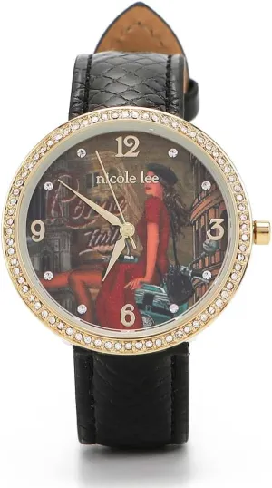 Nicole Lee Classic Diamond Watch, Women's Diamond Bezel Fashion Print Watch with Vegan Leather Strap, 35mm Case, Multicolor (Memory of Rome Black)