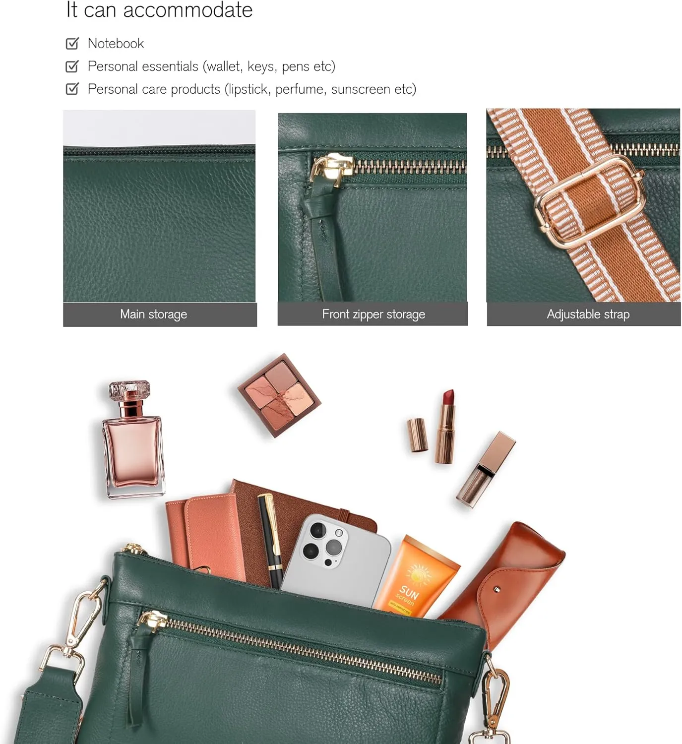 Oak Leathers Small Crossbody Bag For Women With Adjustable, Wide Strap - Real Leather Crossover Shoulder Purse