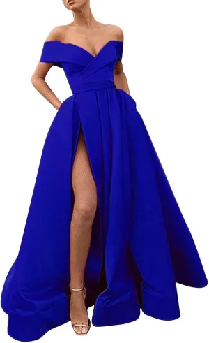 Off Shoulder Long Slit Prom Dresses for Women A-Line Backless Satin Formal Evening Party Gown with Pockets