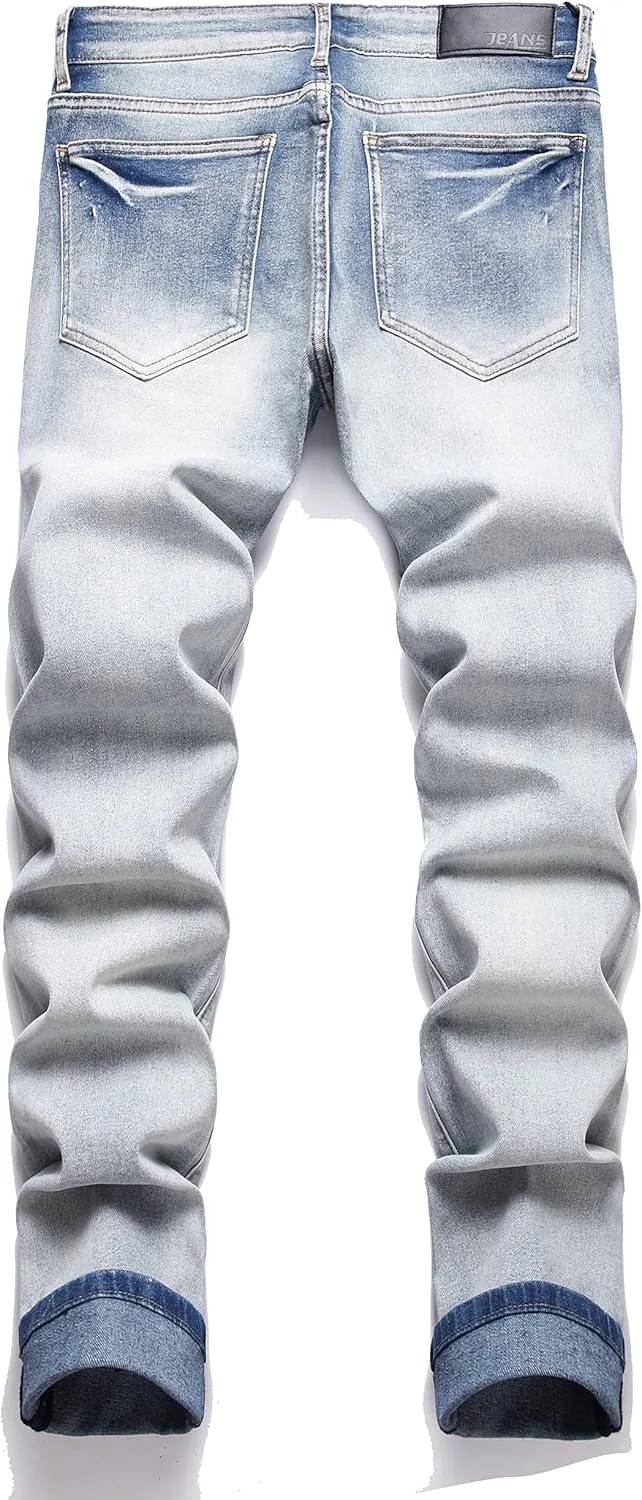 OIIIO Men's Patch Ripped Stretch Regular Fit Jean