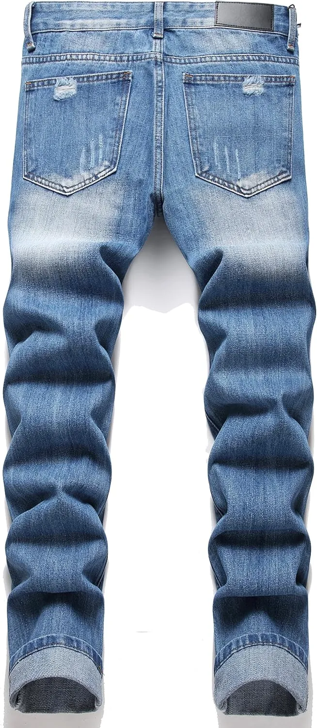 OIIIO Men's Ripped Slim Fit Straight Leg Jean Denim Pant