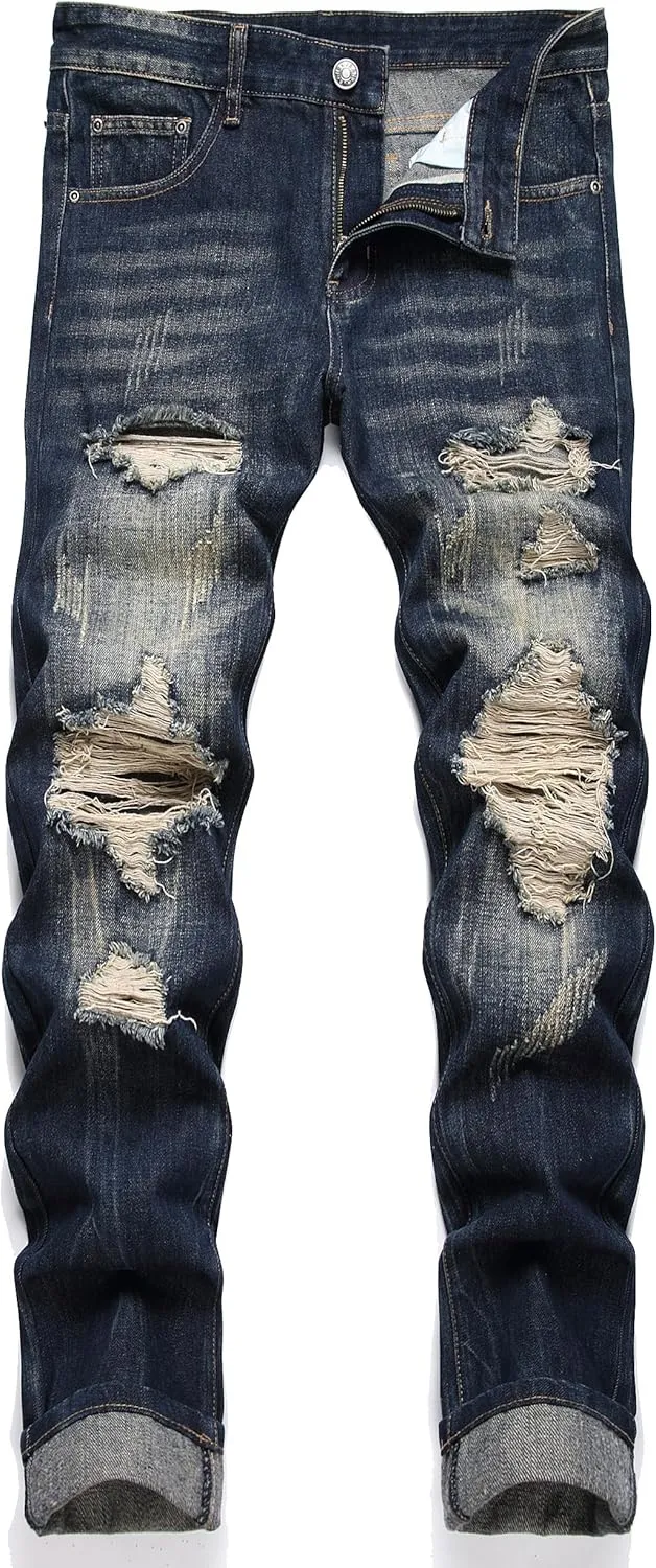 OIIIO Men's Ripped Slim Fit Straight Leg Jean Denim Pant
