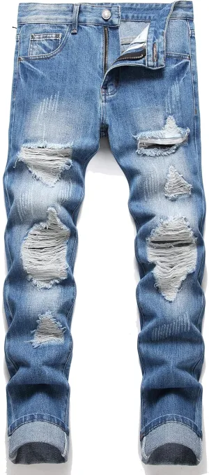 OIIIO Men's Ripped Slim Fit Straight Leg Jean Denim Pant