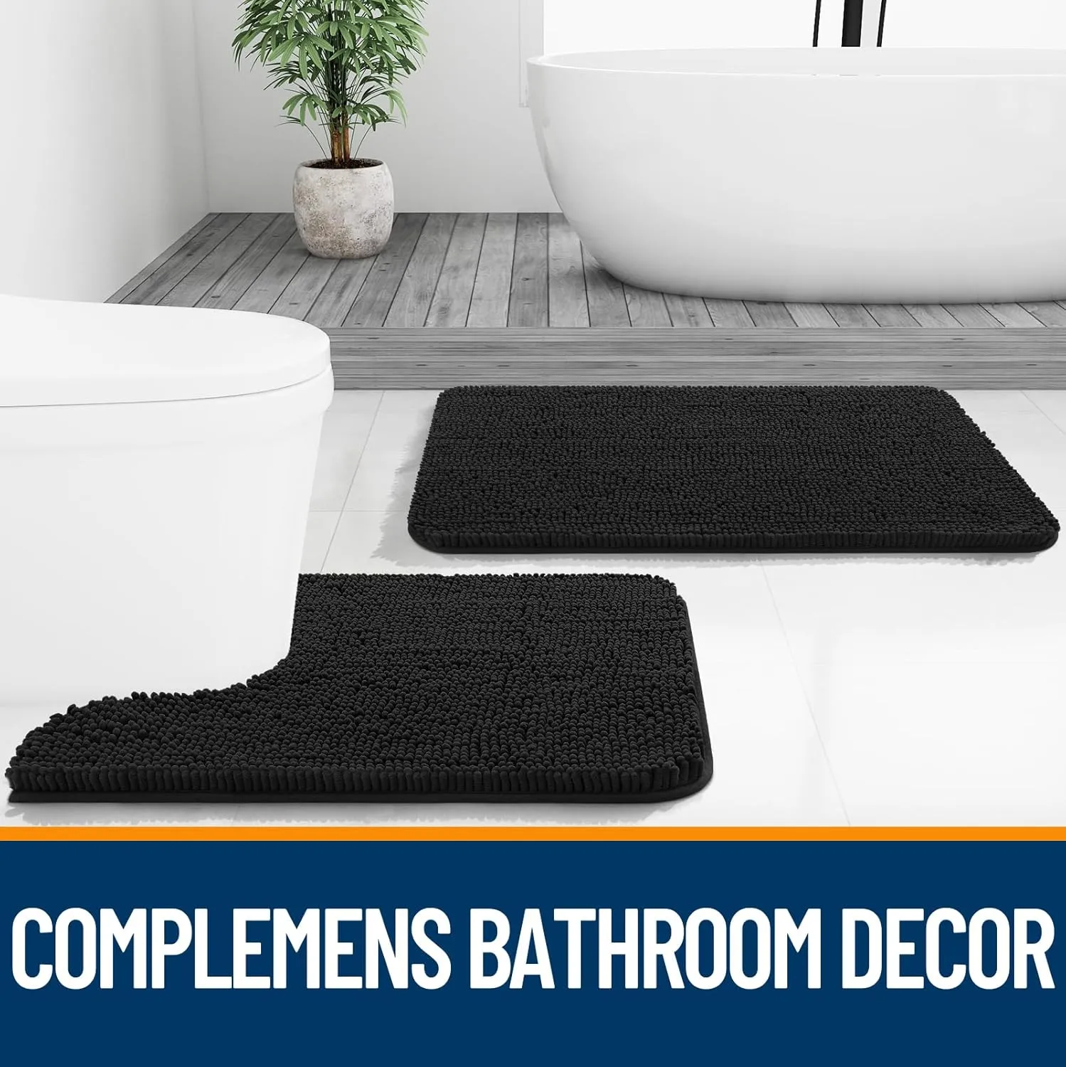 OLANLY Bathroom Rugs 30x20, Extra Soft Absorbent Chenille Bath Rugs, Rubber Backing Quick Dry, Machine Washable Bath Mats for Bathroom Floor, Tub and Shower, Home Decor Accessories, Black