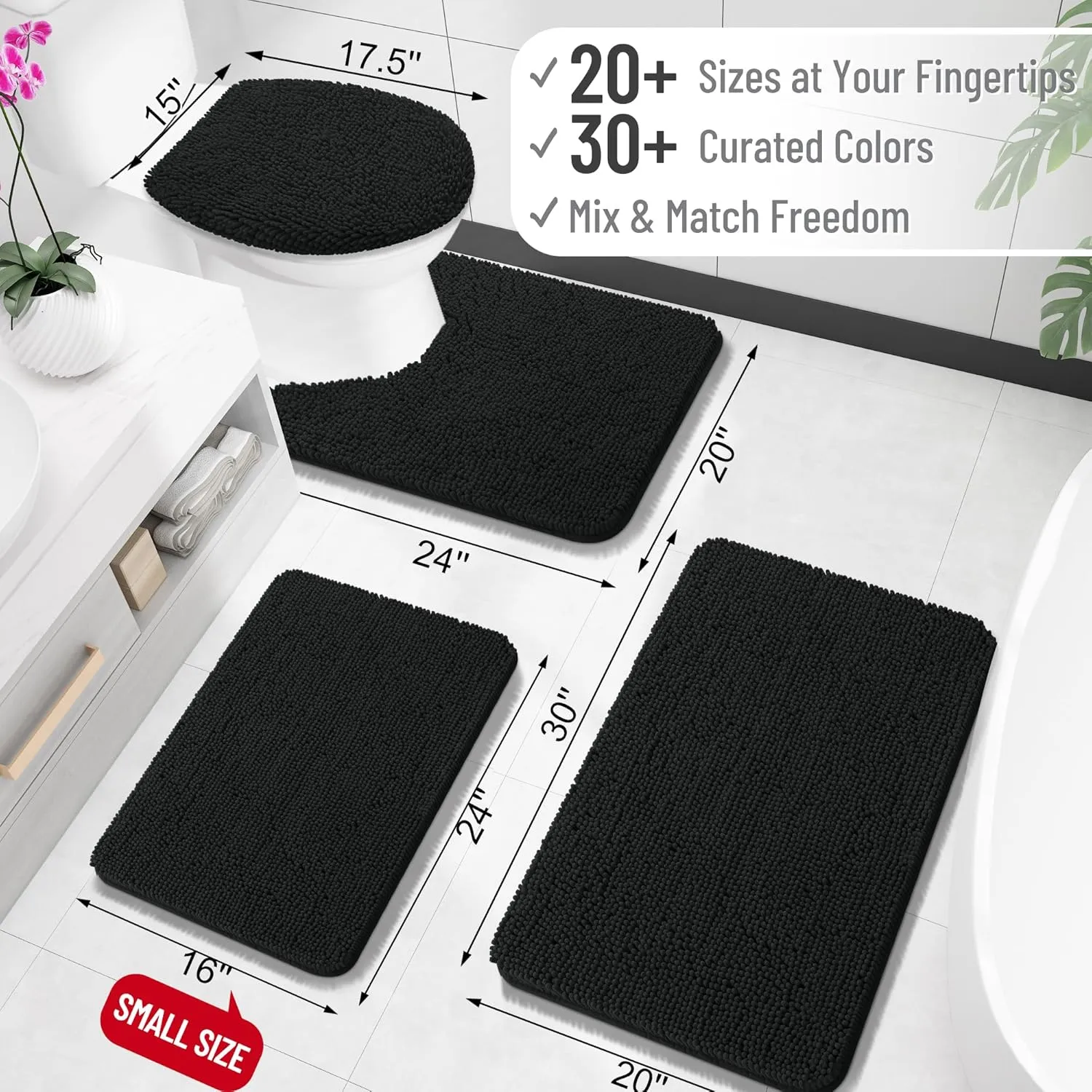 OLANLY Bathroom Rugs 30x20, Extra Soft Absorbent Chenille Bath Rugs, Rubber Backing Quick Dry, Machine Washable Bath Mats for Bathroom Floor, Tub and Shower, Home Decor Accessories, Black