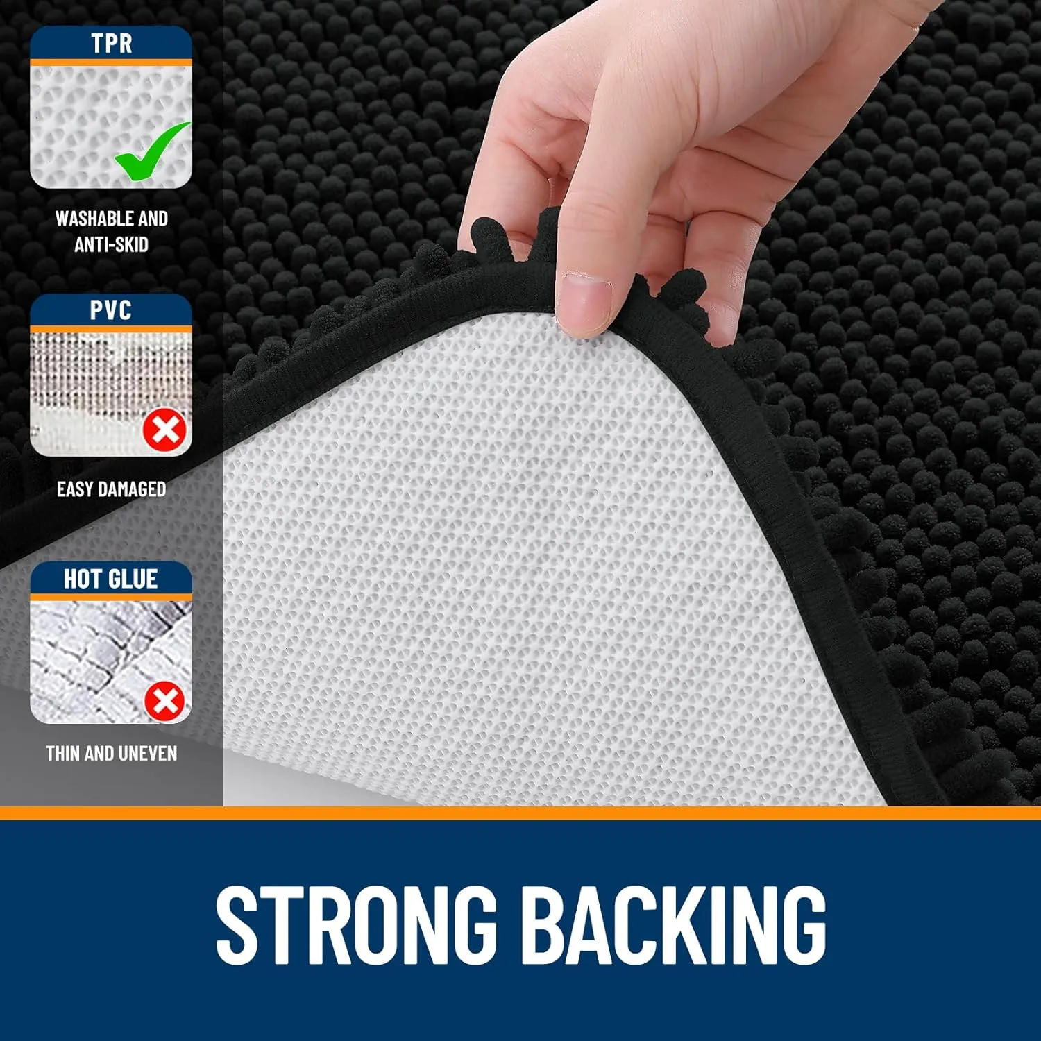 OLANLY Bathroom Rugs 30x20, Extra Soft Absorbent Chenille Bath Rugs, Rubber Backing Quick Dry, Machine Washable Bath Mats for Bathroom Floor, Tub and Shower, Home Decor Accessories, Black
