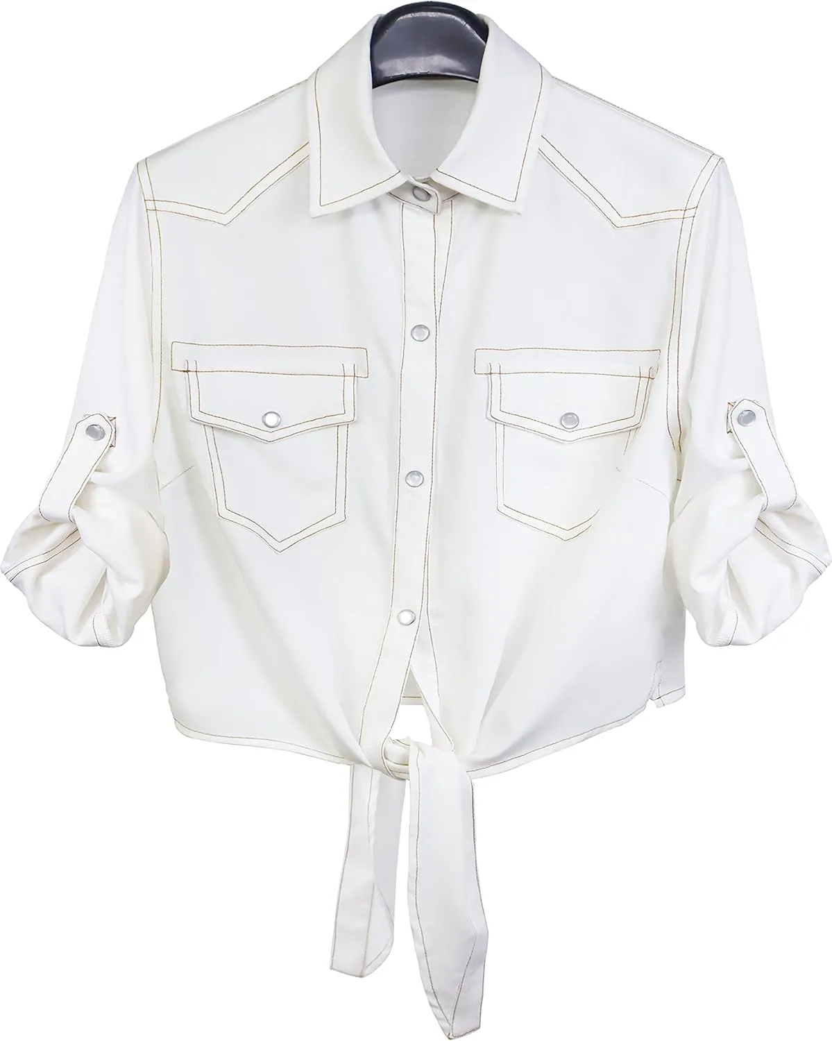 Omoone Women's 3/4 Sleeve Denim Crop Top Tie Knot Shirt Cardigan