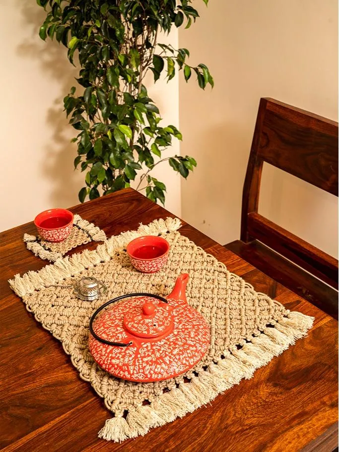 One O Eight Knots Ecru Jewel Hand-Knotted Placemat - Set Of 4