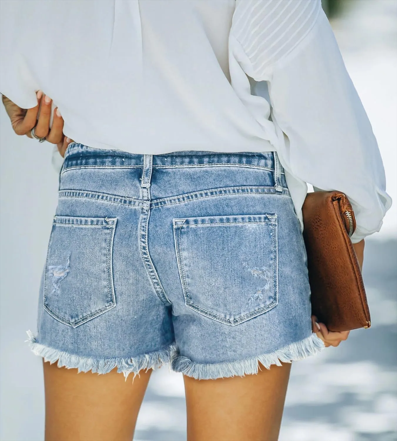 onlypuff Women Denim Shorts Cut Off Mid Rise Frayed Jean Shorts