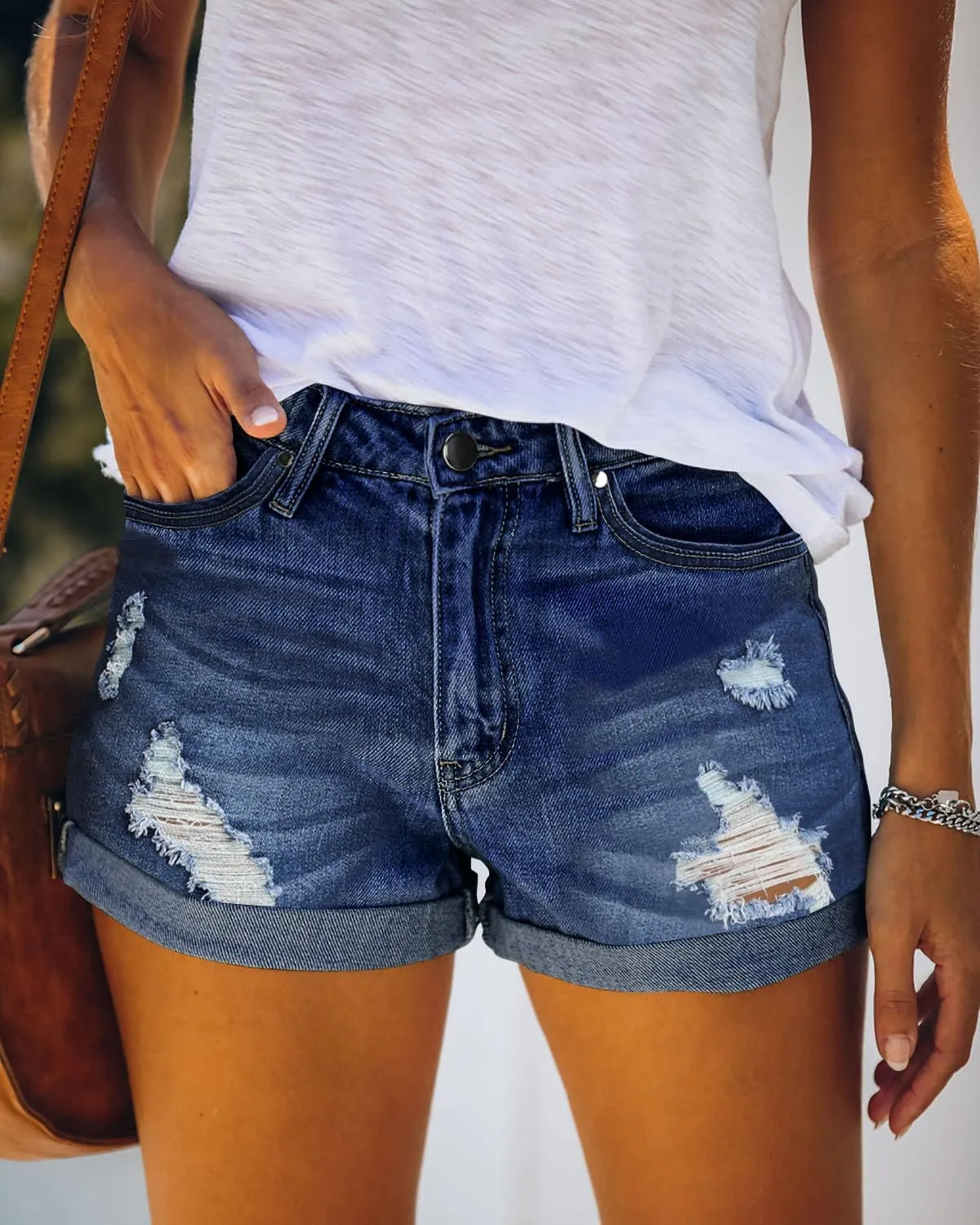 onlypuff Women Denim Shorts Cut Off Mid Rise Frayed Jean Shorts