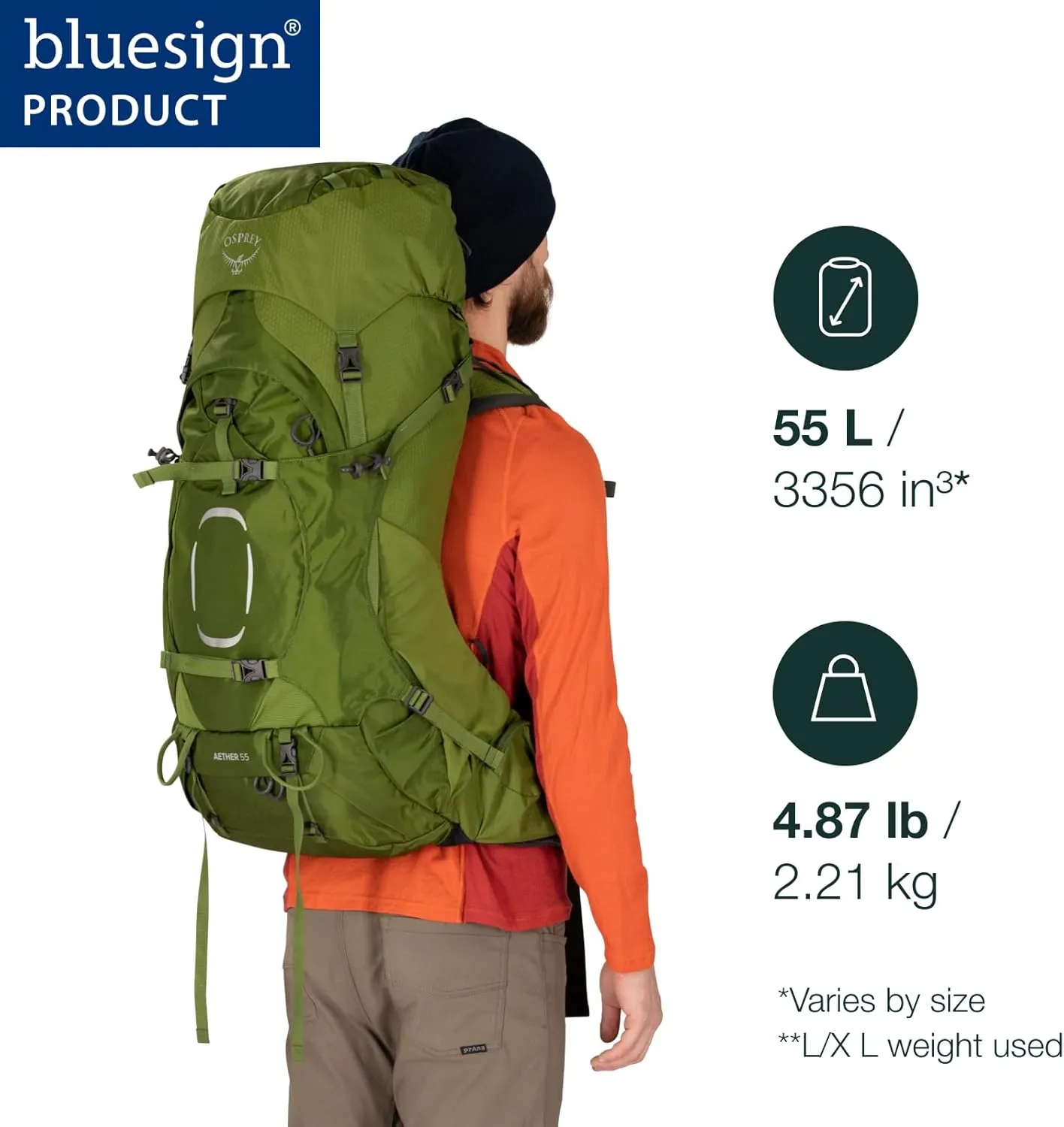 Osprey Aether 55L Men's Backpacking Backpack, Deep Water Blue, L/XL