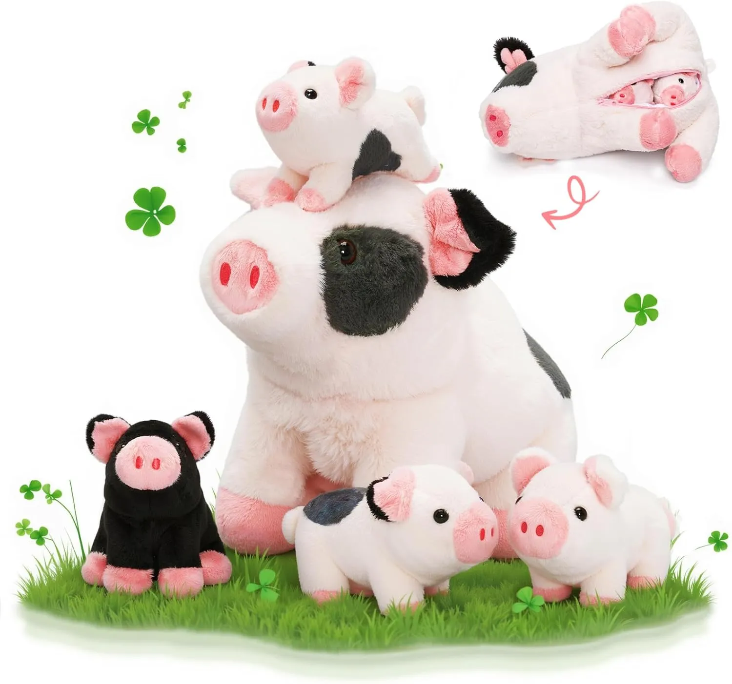 OUOZZZ Pig Stuffed Animals with Babies Inside 11" Plush Pig Toys with 4 Babies in Zippered Tummy - Gift Present Toys for Girls Boys Kids Toddler
