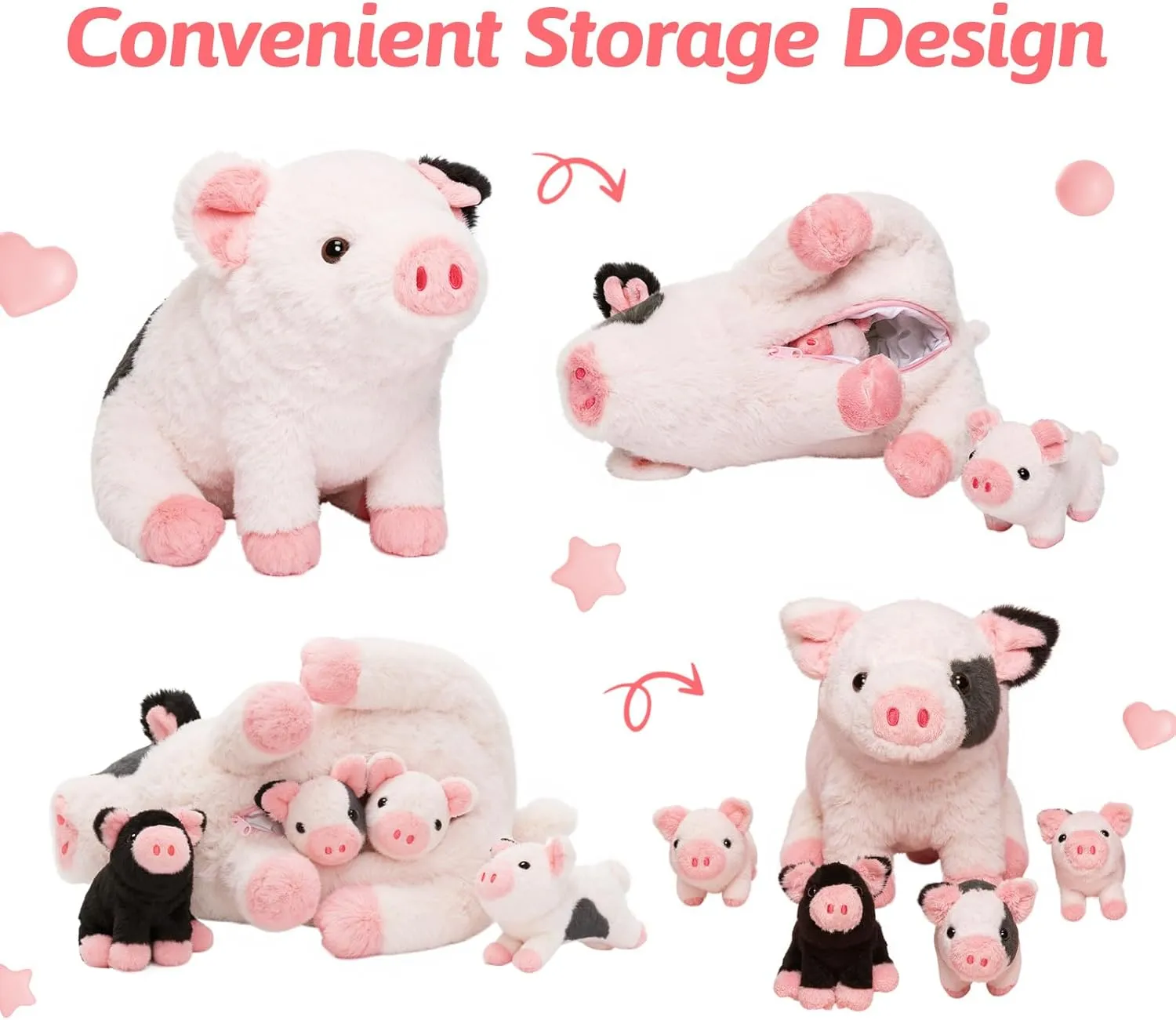 OUOZZZ Pig Stuffed Animals with Babies Inside 11" Plush Pig Toys with 4 Babies in Zippered Tummy - Gift Present Toys for Girls Boys Kids Toddler