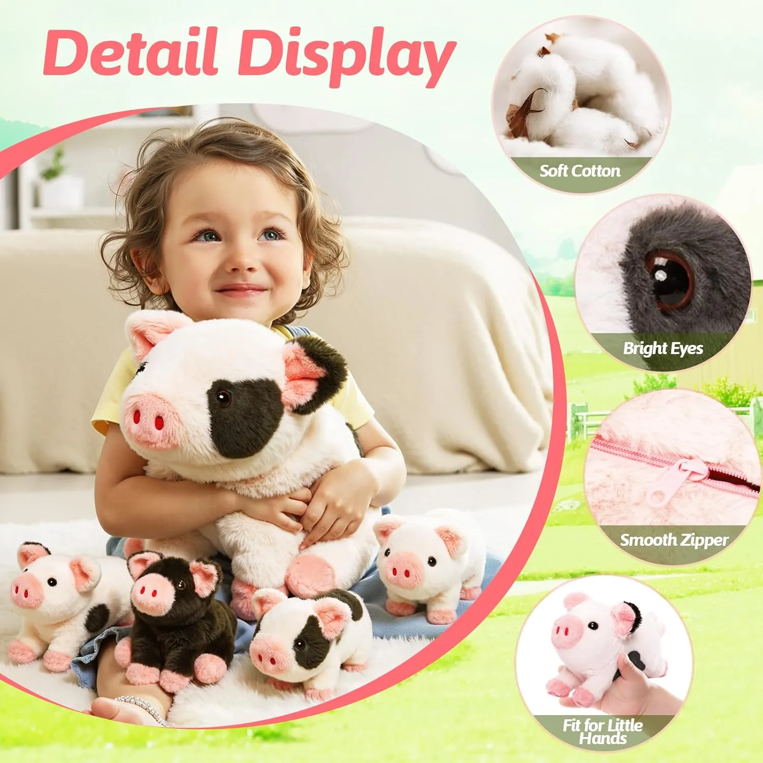 OUOZZZ Pig Stuffed Animals with Babies Inside 11" Plush Pig Toys with 4 Babies in Zippered Tummy - Gift Present Toys for Girls Boys Kids Toddler