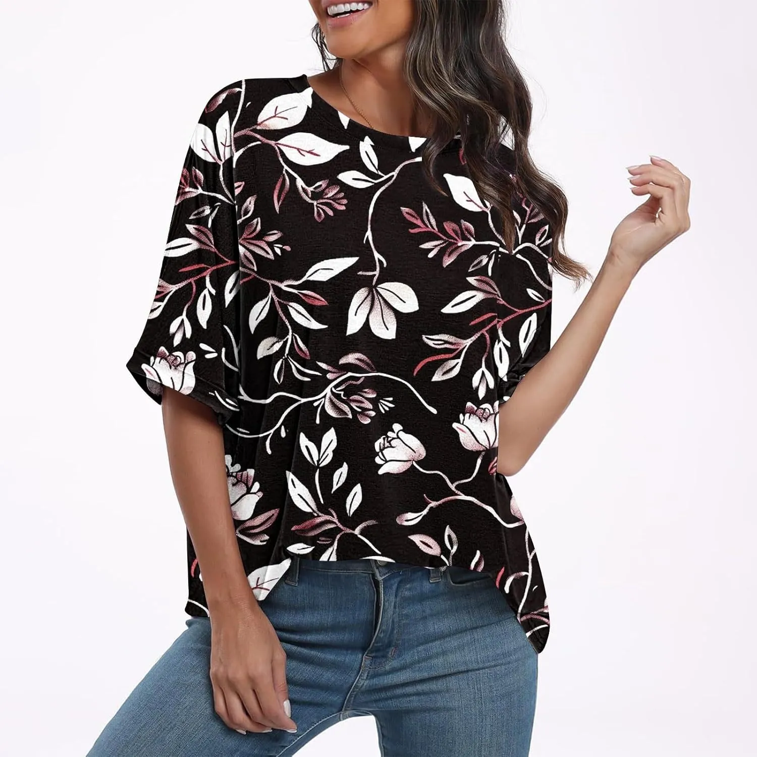 Oversized Tshirts for Women Casual Short Sleeve Crew Neck Blouse Tops Fashion Floral Print Graphic T-Shirts