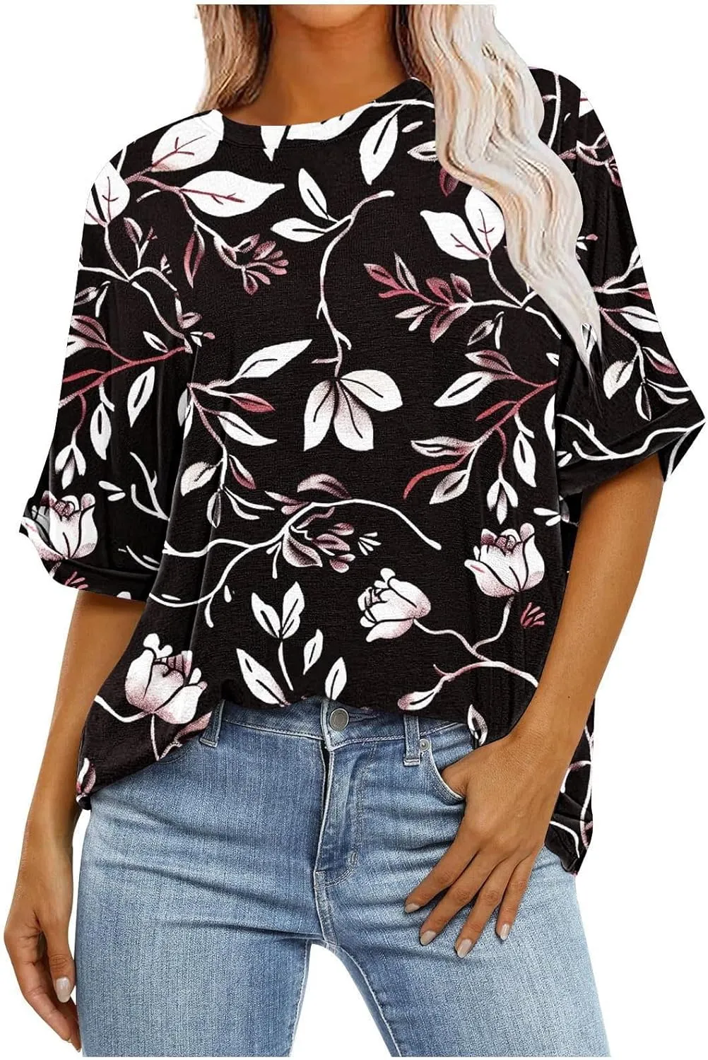 Oversized Tshirts for Women Casual Short Sleeve Crew Neck Blouse Tops Fashion Floral Print Graphic T-Shirts