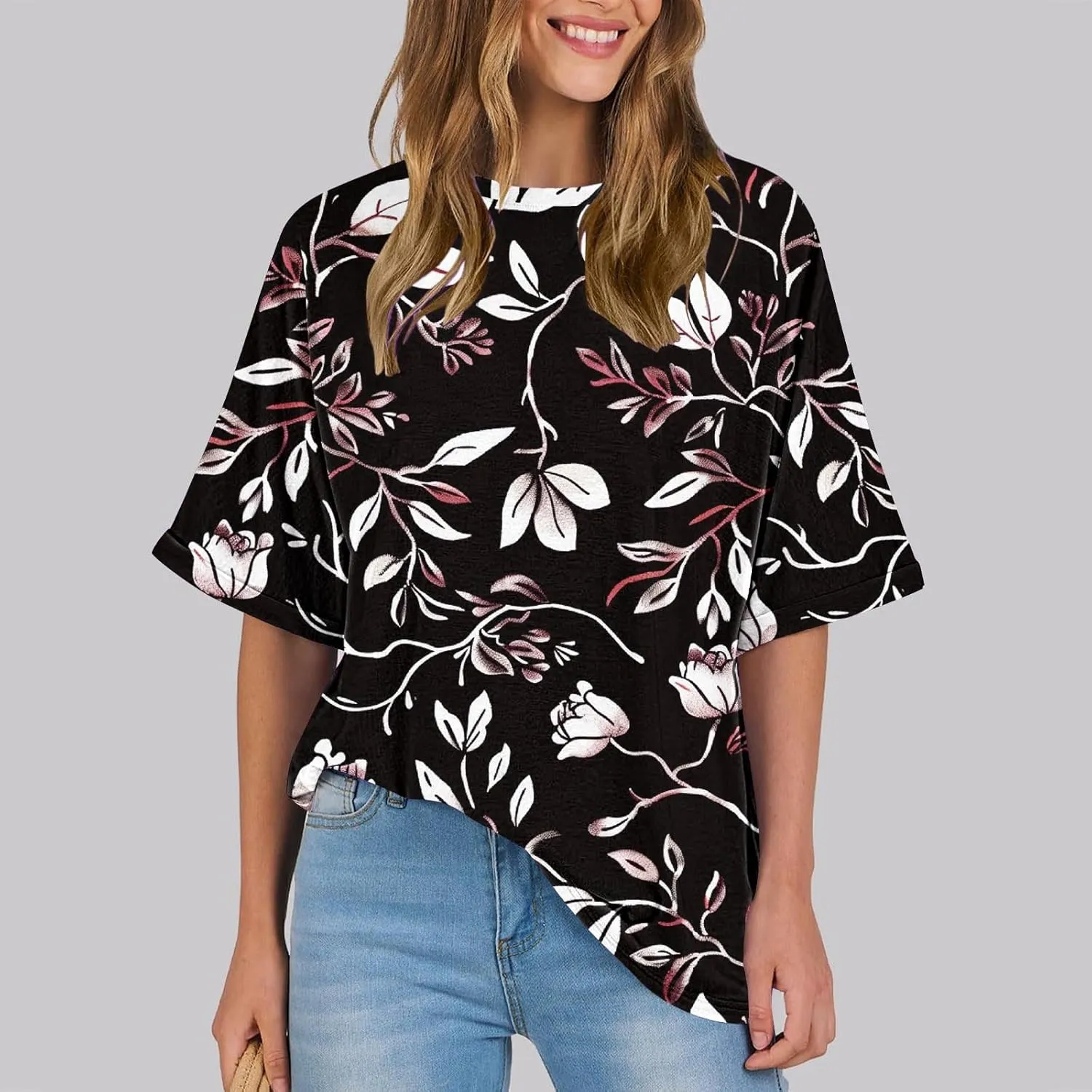 Oversized Tshirts for Women Casual Short Sleeve Crew Neck Blouse Tops Fashion Floral Print Graphic T-Shirts