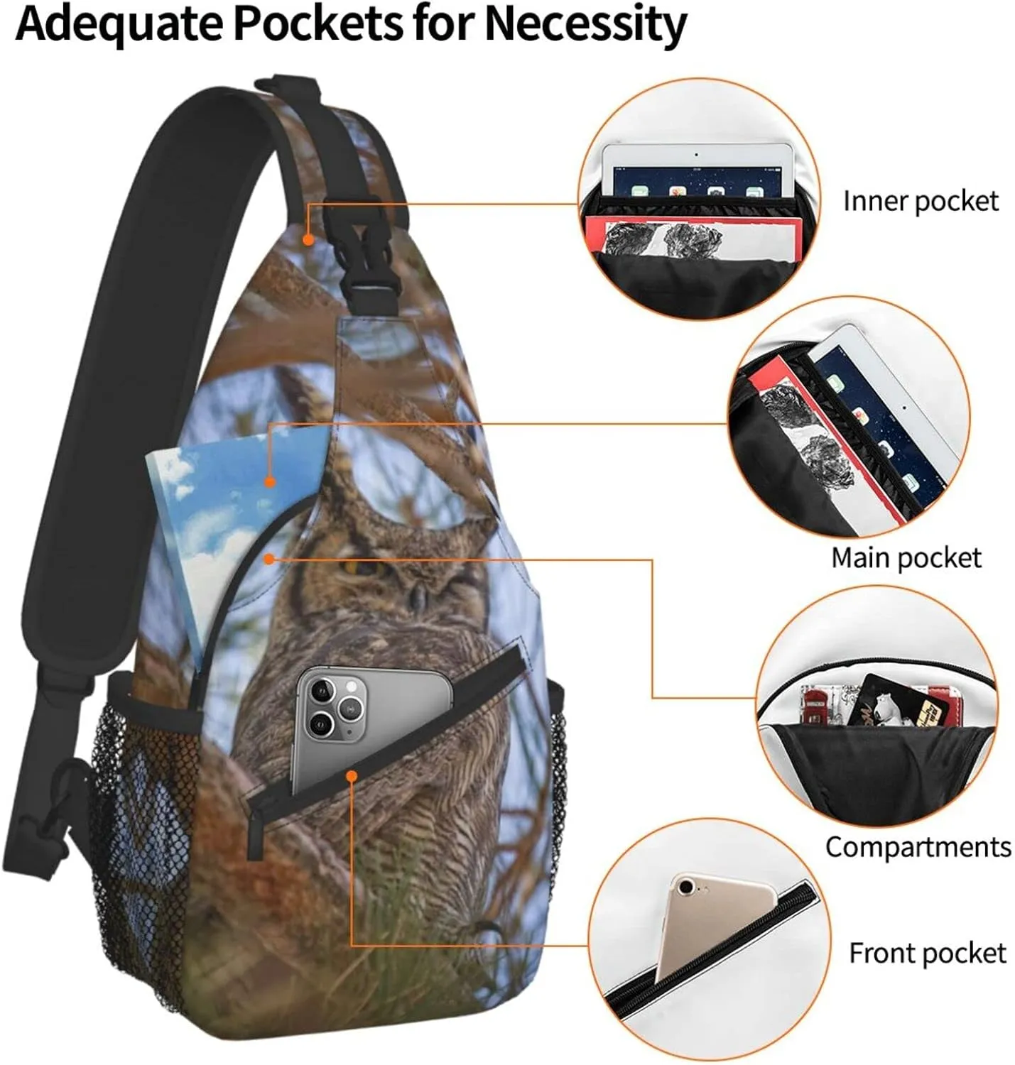 Owl Sling Bag Animal Crossbody Chest Daypack Casual Backpack Cool Shoulder Bag For Travel Picnic