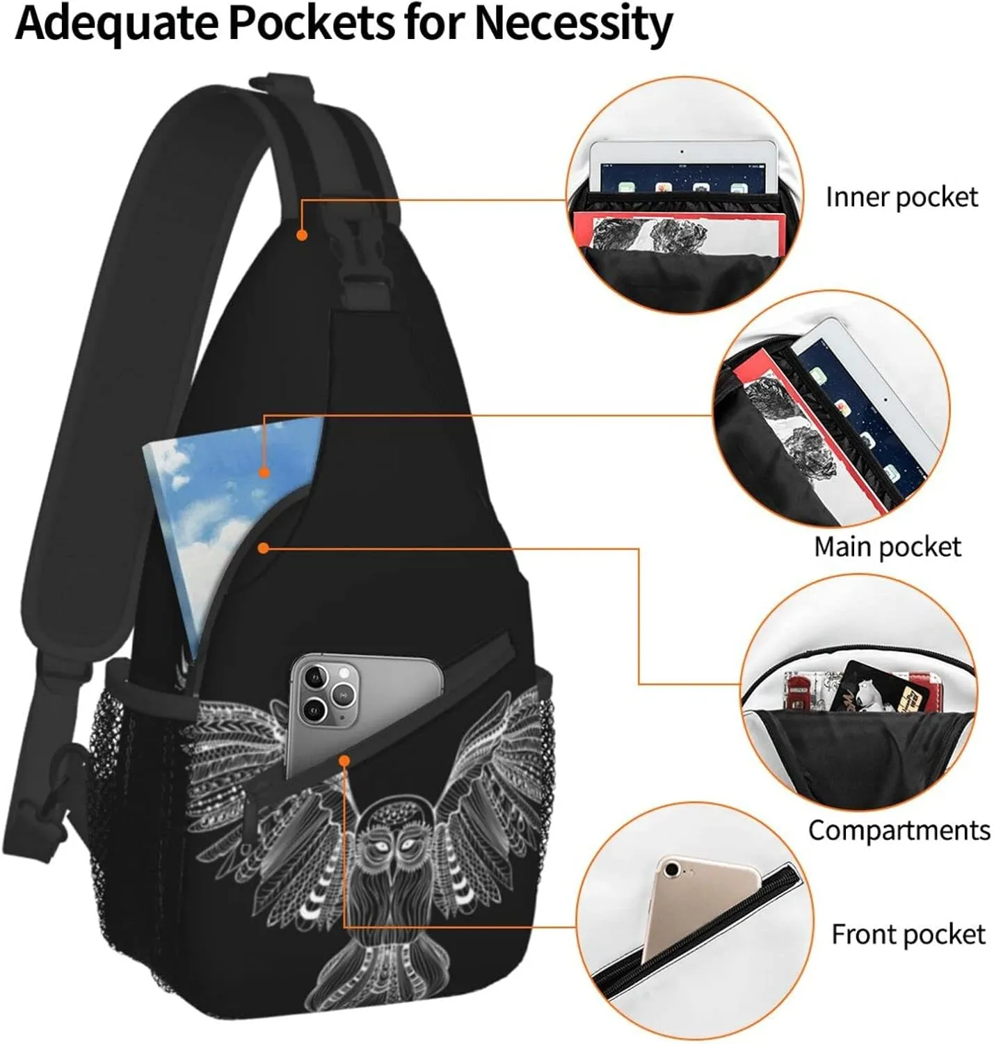 Owl Sling Bag Animal Crossbody Chest Daypack Casual Backpack Cool Shoulder Bag For Travel Picnic