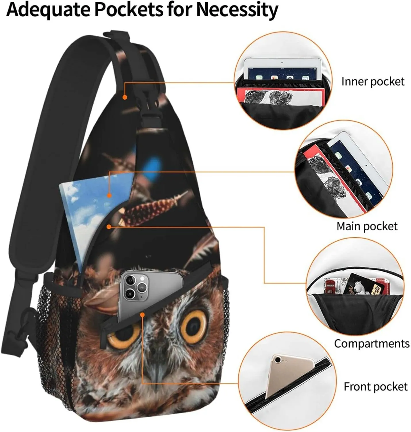 Owl Sling Bag Animal Crossbody Chest Daypack Casual Backpack Cool Shoulder Bag For Travel Picnic
