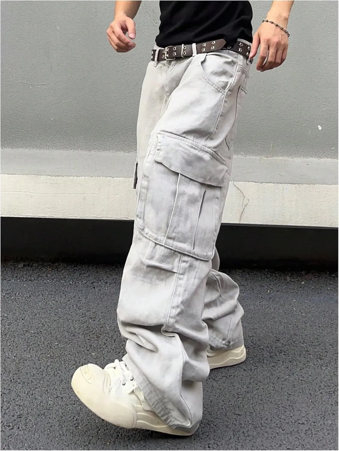 OYOANGLE Men's Baggy Cargo Denim Pants Streetwear Y2K Skater Jeans Flap Pocket Cargo Trousers
