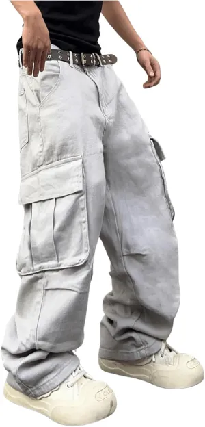 OYOANGLE Men's Baggy Cargo Denim Pants Streetwear Y2K Skater Jeans Flap Pocket Cargo Trousers