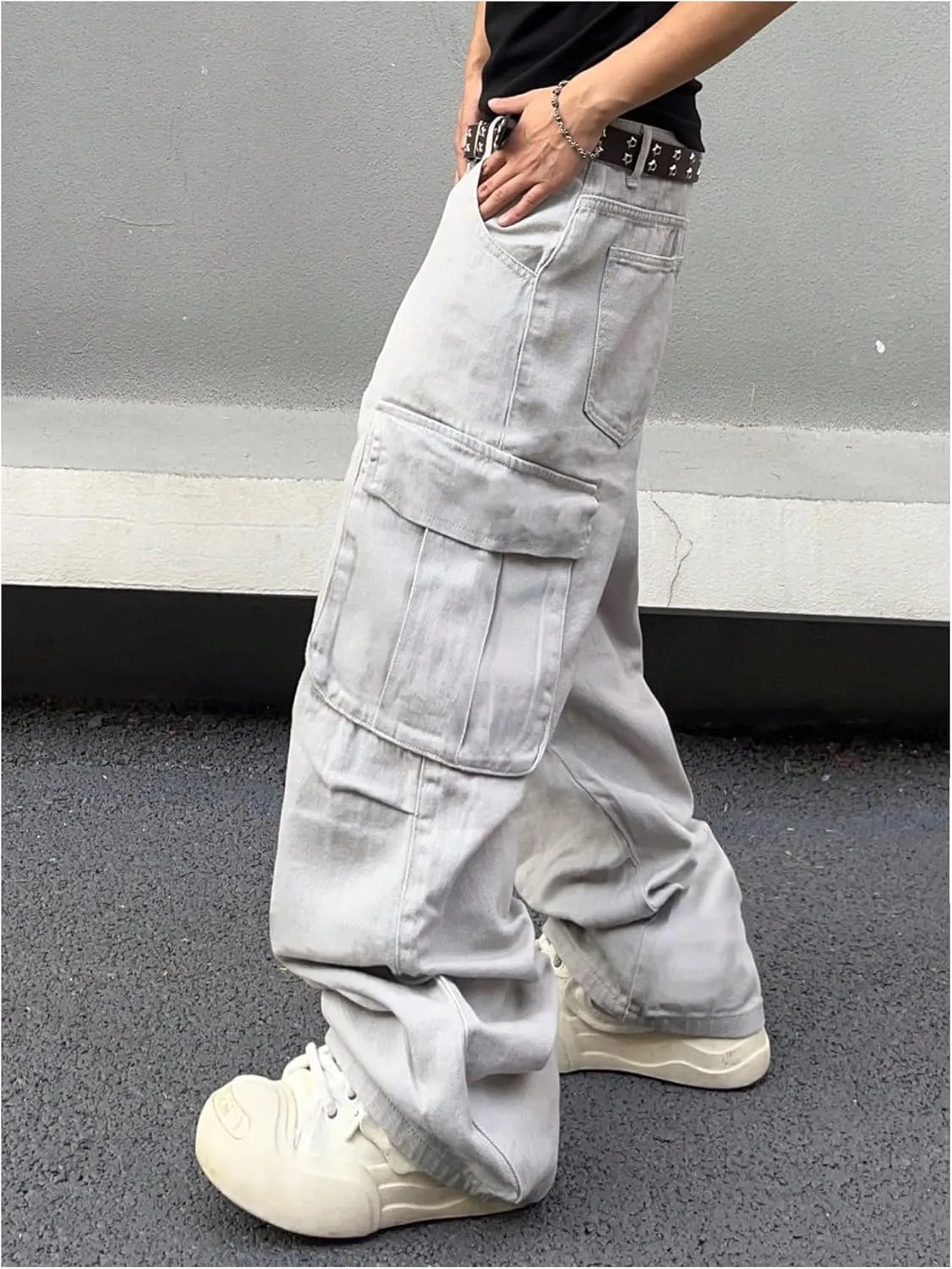 OYOANGLE Men's Baggy Cargo Denim Pants Streetwear Y2K Skater Jeans Flap Pocket Cargo Trousers