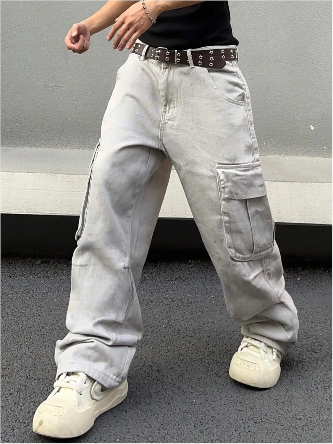 OYOANGLE Men's Baggy Cargo Denim Pants Streetwear Y2K Skater Jeans Flap Pocket Cargo Trousers