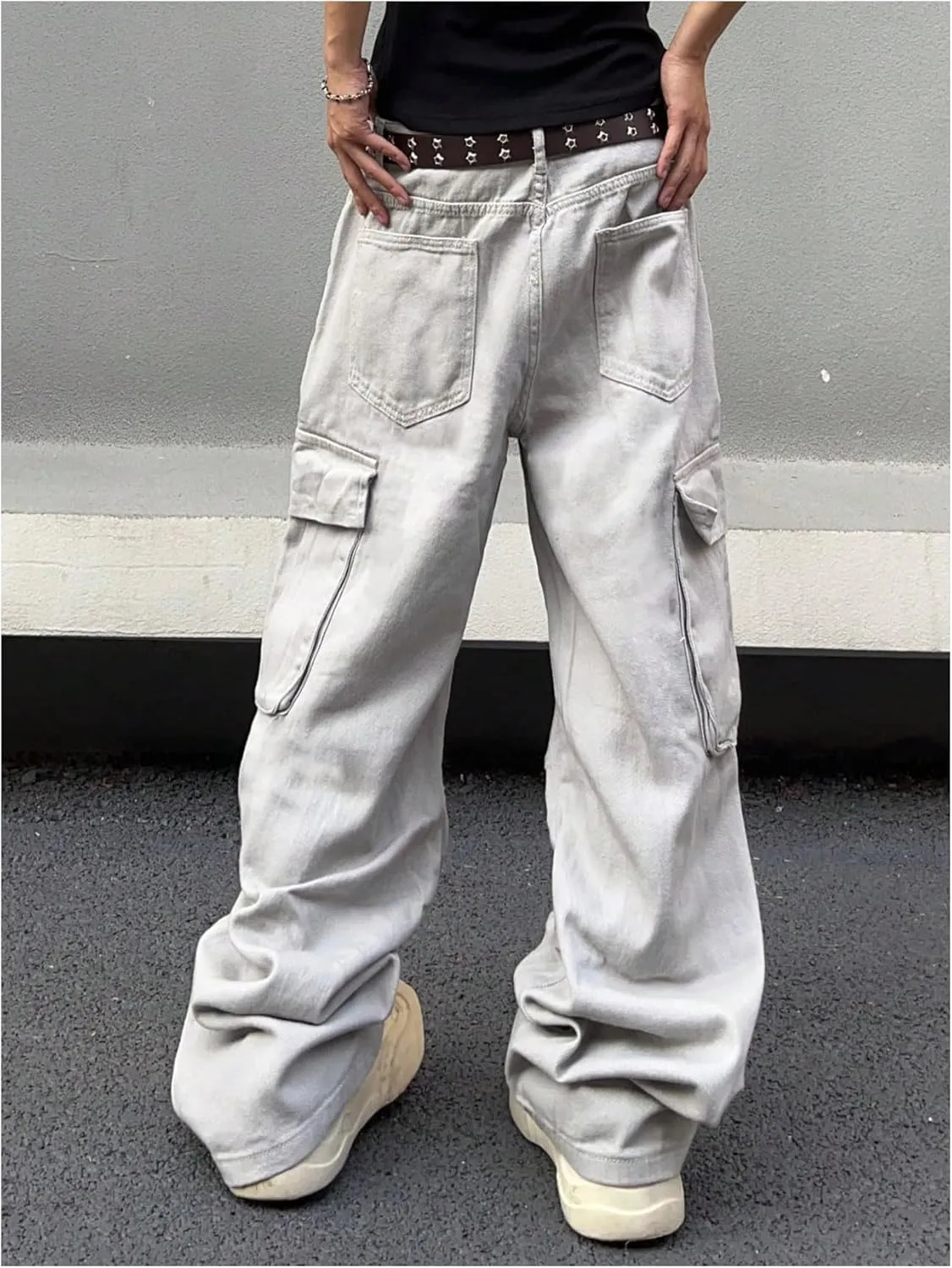OYOANGLE Men's Baggy Cargo Denim Pants Streetwear Y2K Skater Jeans Flap Pocket Cargo Trousers