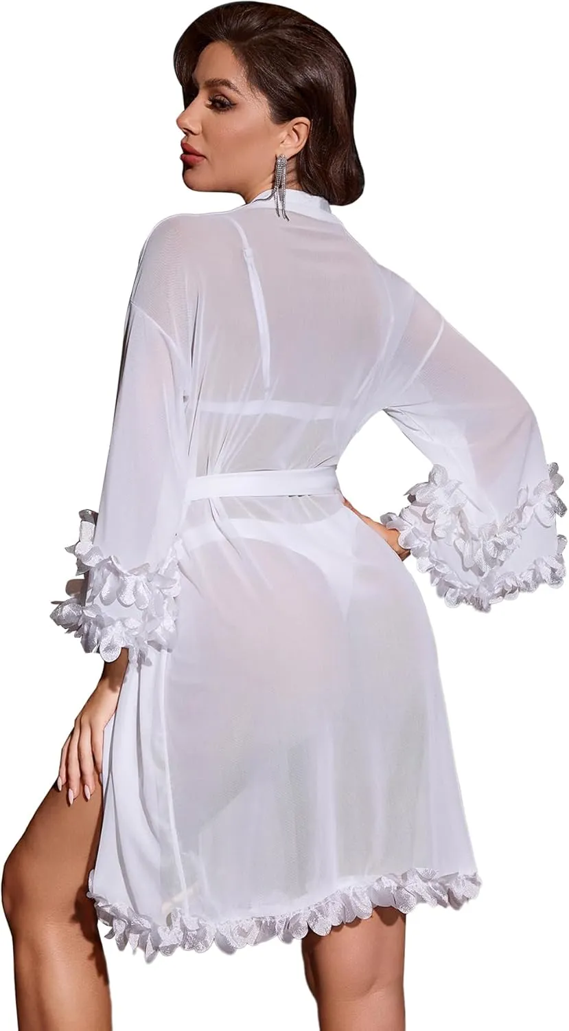OYOANGLE Women's Mesh Sheer Appliques Trumpet Floral Sleeve Belted Sleep Robe Bridal Wedding Lingerie