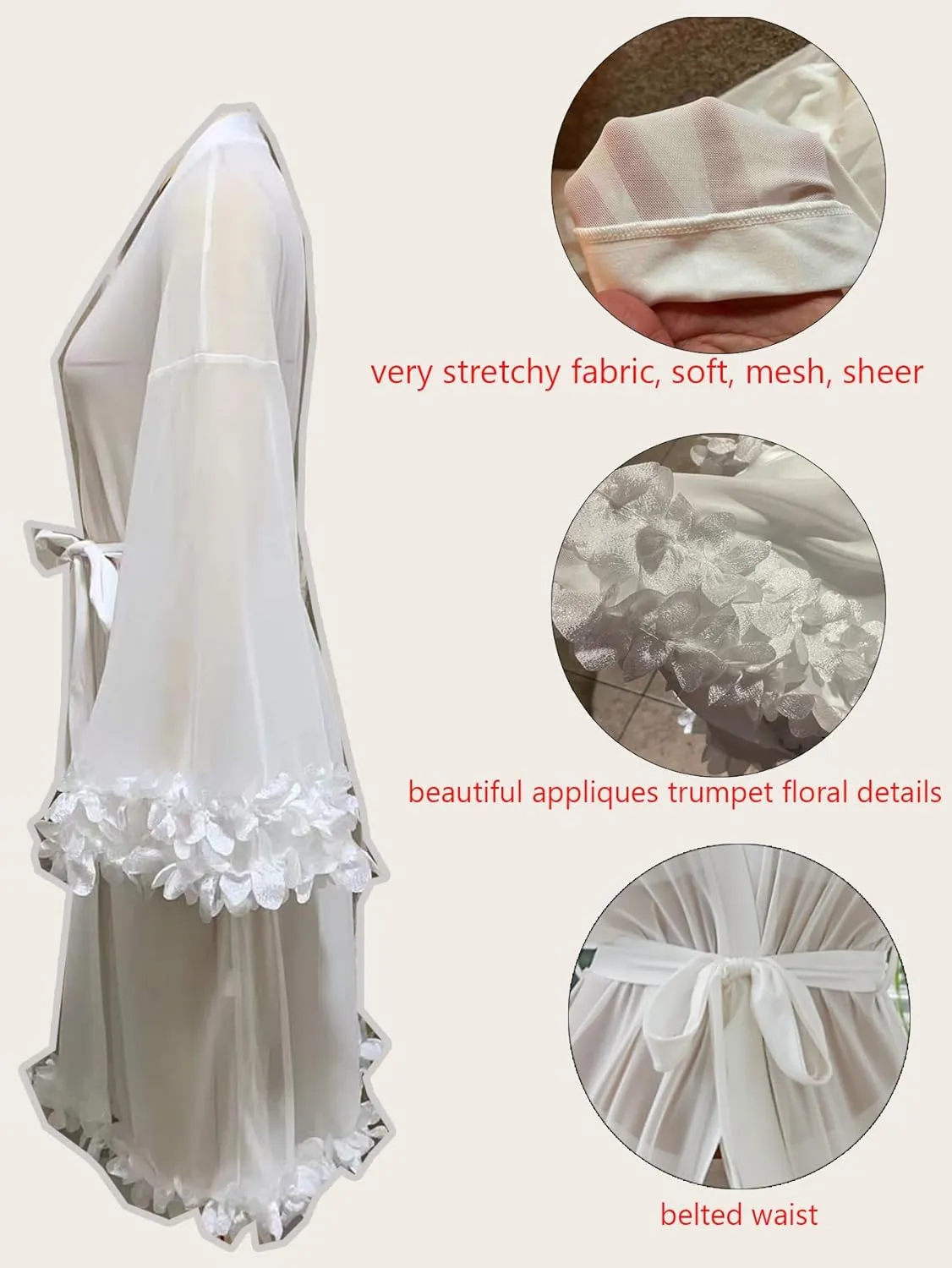 OYOANGLE Women's Mesh Sheer Appliques Trumpet Floral Sleeve Belted Sleep Robe Bridal Wedding Lingerie