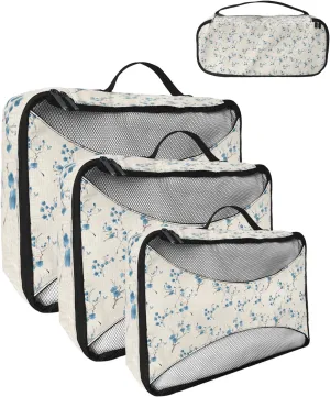 Packing Cubes for Travel, 4 Set Travel Packing Organized Cubes Plant Floral Blue Leaves Watercolor Style Linen Texture Waterproof Luggage Organizer Shoe Bag Travel Accessories for Carry On Suitcases
