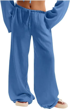 Palazzo Pants for Women Baggy Wide Leg Low Rise Linen Pants Loose Drawstring Long Lounge Trousers with Pockets